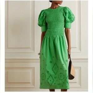 Ganni Eyelet Detail Smocked Cotton Dress Size 34